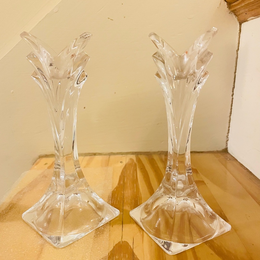 Mikasa Vintage Art Deco Crystal Taper Candleholders Set of Two 5.5”